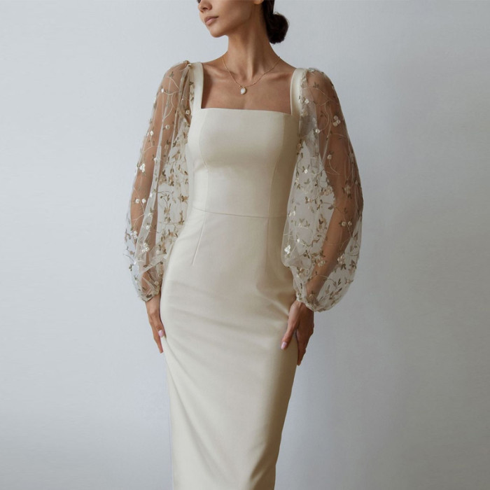 Sexy Perspective Lantern Sleeve Fashion Embroidered Mesh Party Neck Slim Wedding Guest Dress