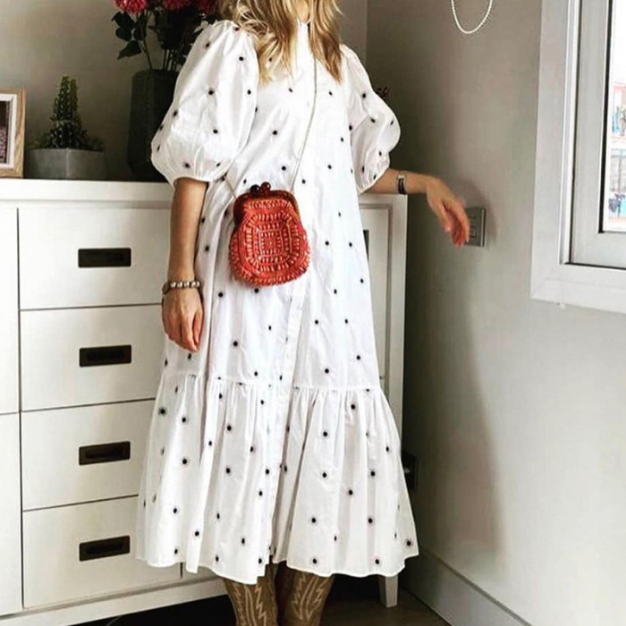 Women's Fashion Printed Half Sleeve Stand Collar Casual Loose Ruffle  Maxi Dress