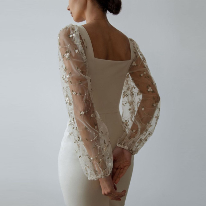 Sexy Perspective Lantern Sleeve Fashion Embroidered Mesh Party Neck Slim Wedding Guest Dress