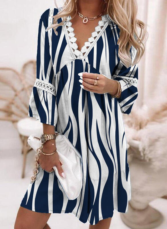 Women's Fashion Temperament Long Sleeve V Neck Mini Casual Dress