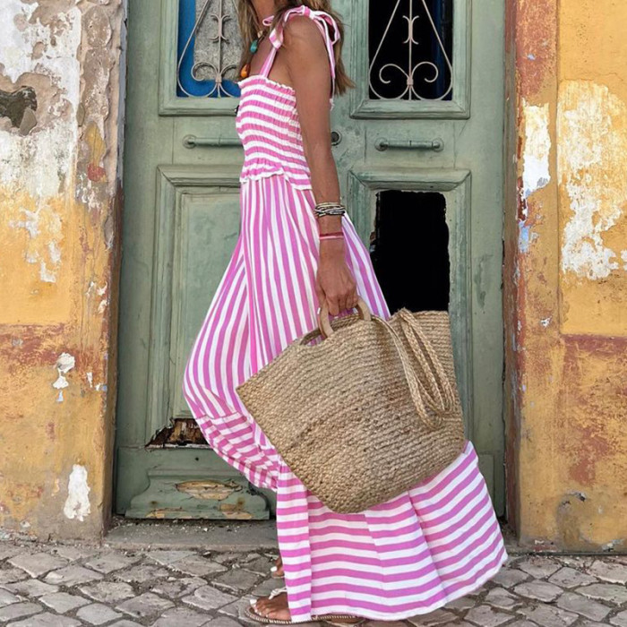 Off Shoulder Sleeveless Bohemian Casual Lace Striped Printed Loose Maxi Dress