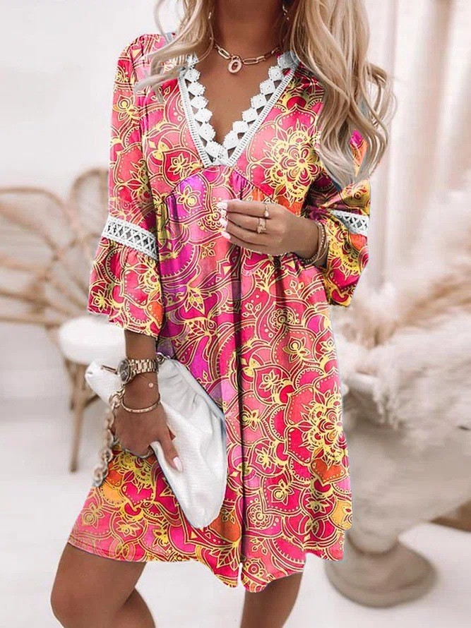 Women's Fashion Temperament Long Sleeve V Neck Mini Casual Dress