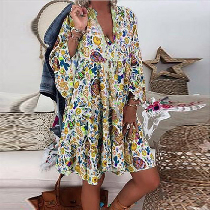 Fashion Sexy Boho Floral Print Loose Mini Casual Dress