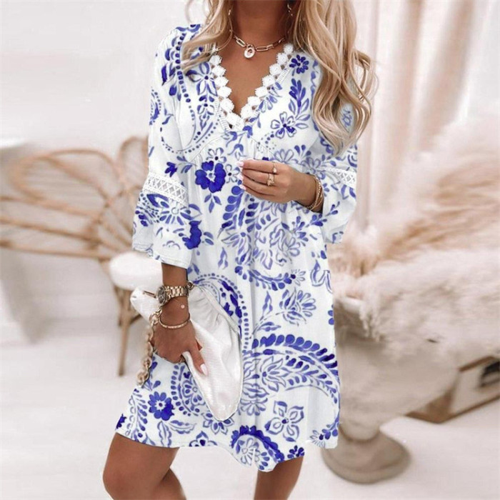 Women's Fashion Temperament Long Sleeve V Neck Mini Casual Dress