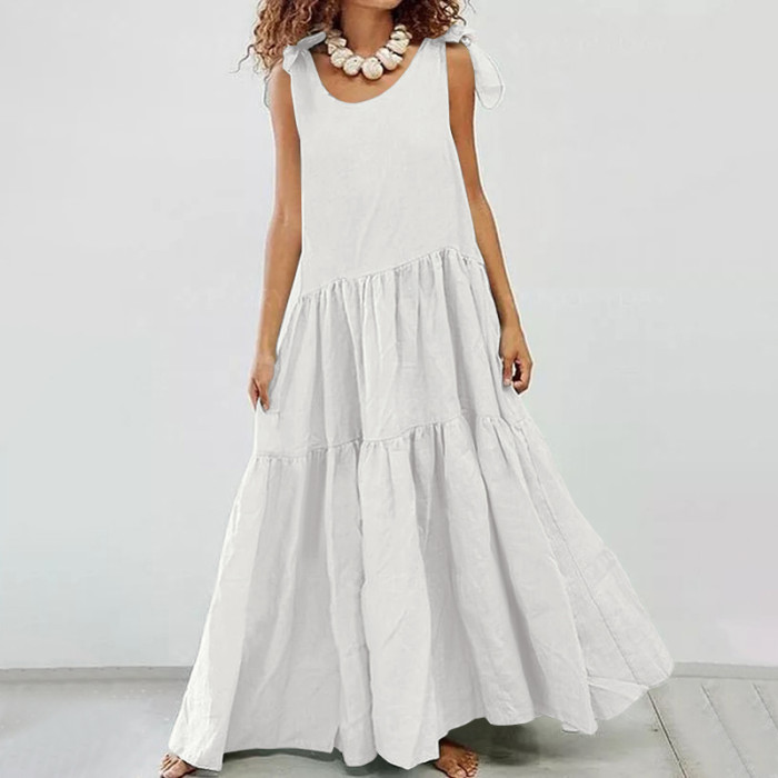 Fashion Solid Color Lace-up Vest Casual Ruffled  Maxi Dress