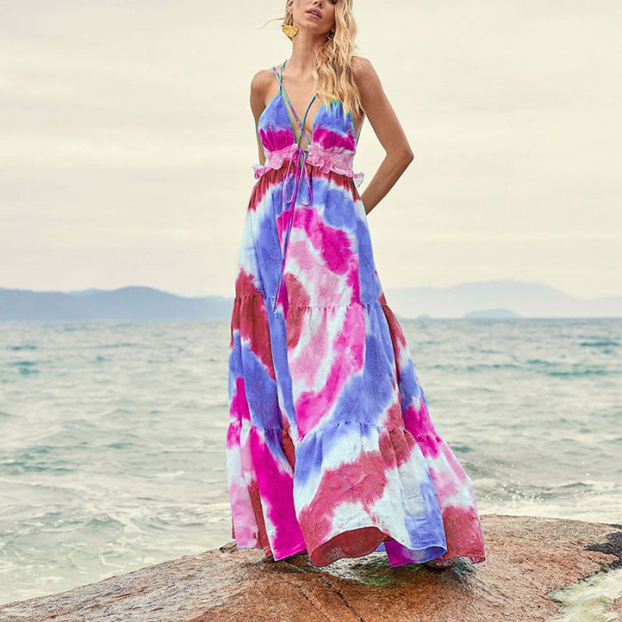 Sexy Fashion Summer Bohemian Tie Dye Gradient Backless  Maxi Dress