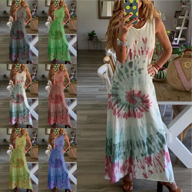 Women's Vintage Print Sexy Sleeveless O Neck Boho Casual Dress