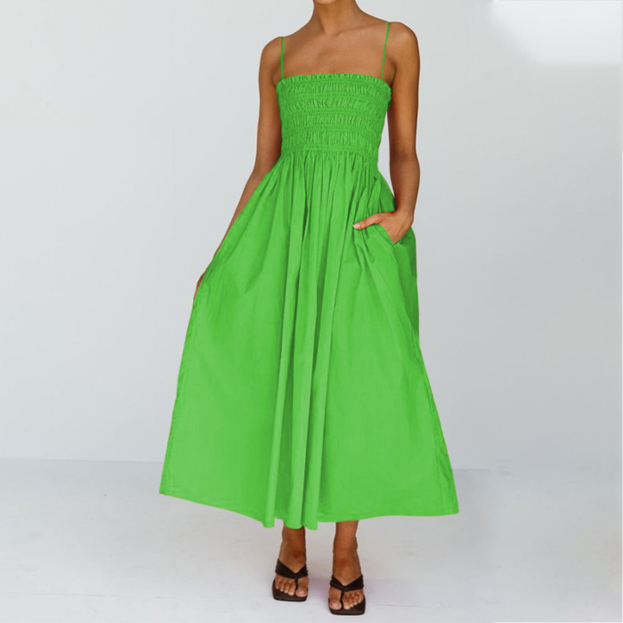 Solid Sleeveless Camisole Formal Loose Pleated Backless Party Wedding Guest Dress
