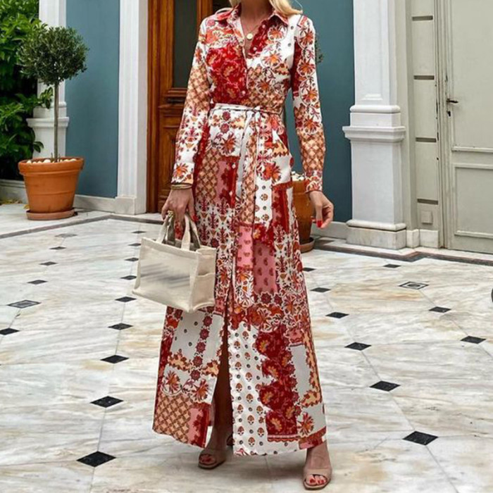 Fashion Lapel Shirt Dress Elegant Pattern Printing Casual Tie Party  Wedding Guest Dress