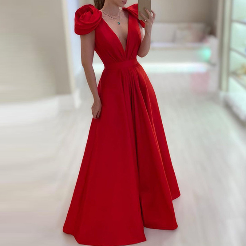 Fashion Sleeveless Slim Elegant Deep V Neck Solid Color Pleated A-Line Party Wedding Guest Dress