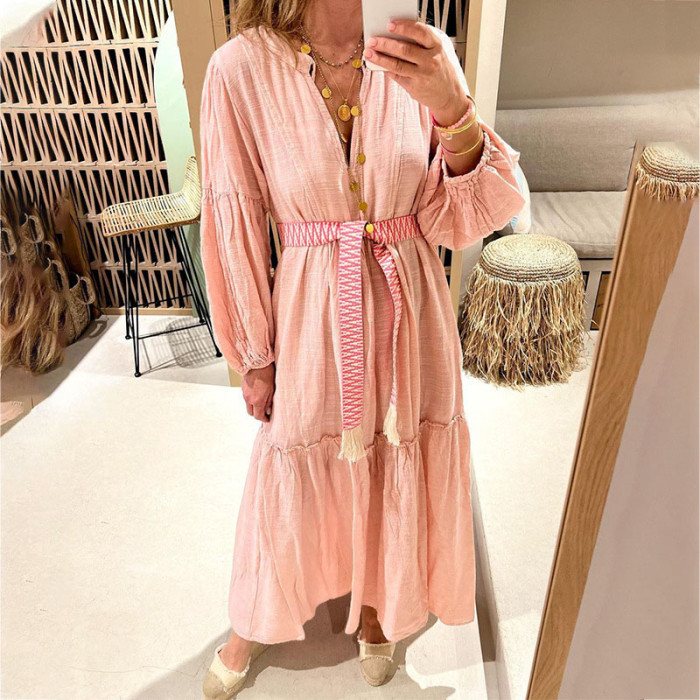 Casual Loose Harajuku Pleated Retro Fashion Solid  Maxi Dress