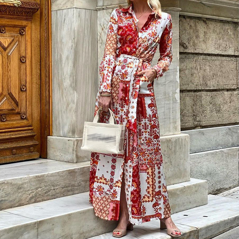 Fashion Lapel Shirt Dress Elegant Pattern Printing Casual Tie Party  Wedding Guest Dress