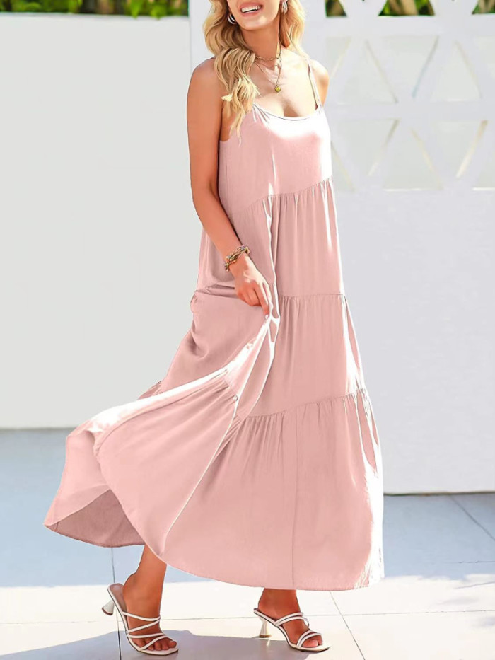 Summer Fashion Casual Solid Color Pleated Irregular Sling Maxi Dress