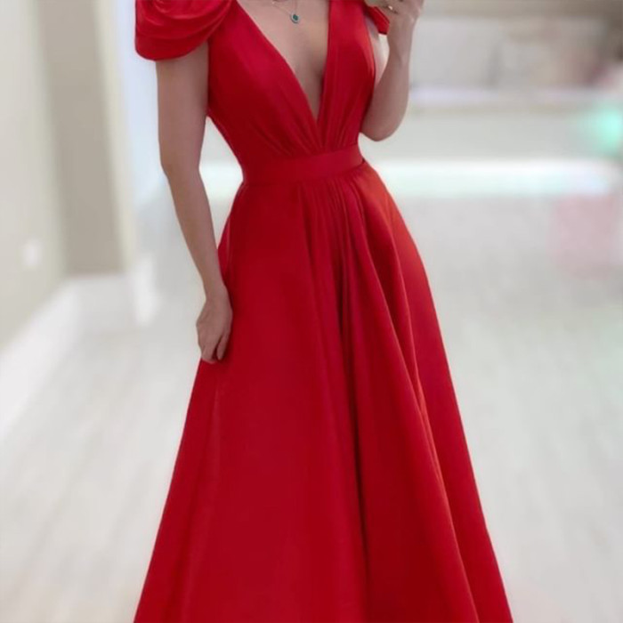 Fashion Sleeveless Slim Elegant Deep V Neck Solid Color Pleated A-Line Party Wedding Guest Dress