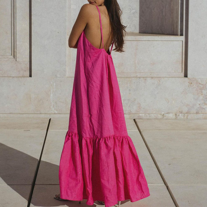 Women's Backless Sleeveless Sexy Camisole Fashion Solid Color  Maxi Dress