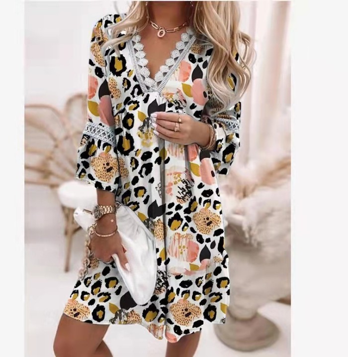 Women's Fashion Temperament Long Sleeve V Neck Mini Casual Dress