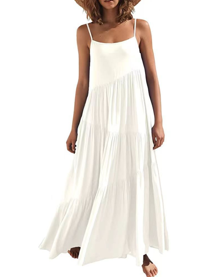 Summer Fashion Casual Solid Color Pleated Irregular Sling Maxi Dress
