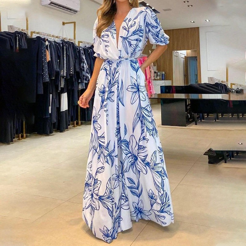 Sexy V Neck Vintage Print Tie Fashion Loose Hem Party  Wedding Guest Dress