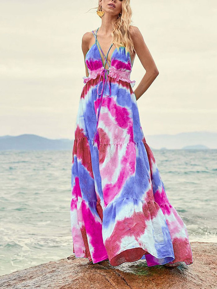 Sexy Fashion Summer Bohemian Tie Dye Gradient Backless  Maxi Dress