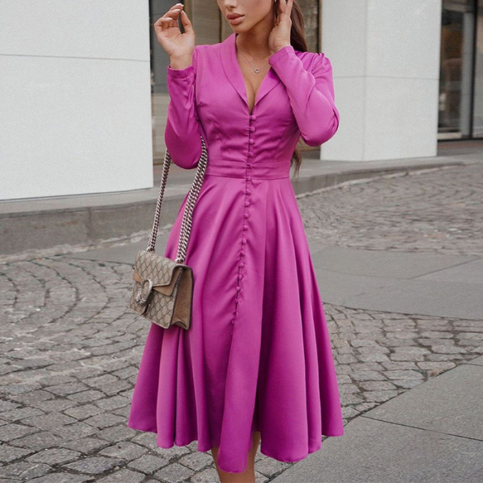 Elegant Party Fashion Solid Color Sexy V Neck Satin Long Sleeve A-Line Wedding Guest Dress