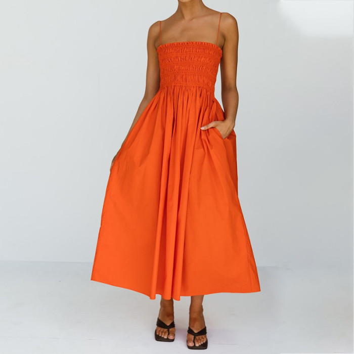 Solid Sleeveless Camisole Formal Loose Pleated Backless Party Wedding Guest Dress