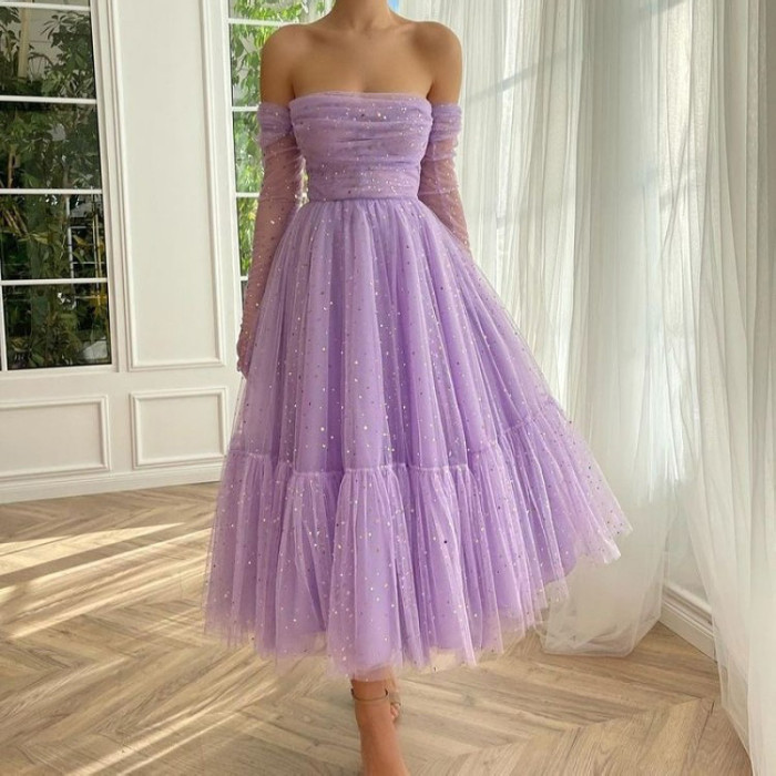 Sexy Off-Shoulder Fashion Solid Color Elegant No Mesh Sequins Slim Wedding Guest Dress