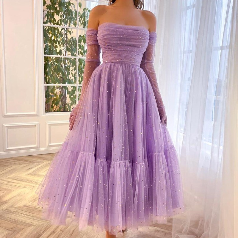 Sexy Off-Shoulder Fashion Solid Color Elegant No Mesh Sequins Slim Wedding Guest Dress