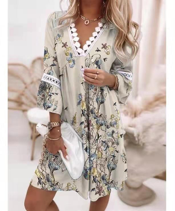 Women's Fashion Temperament Long Sleeve V Neck Mini Casual Dress