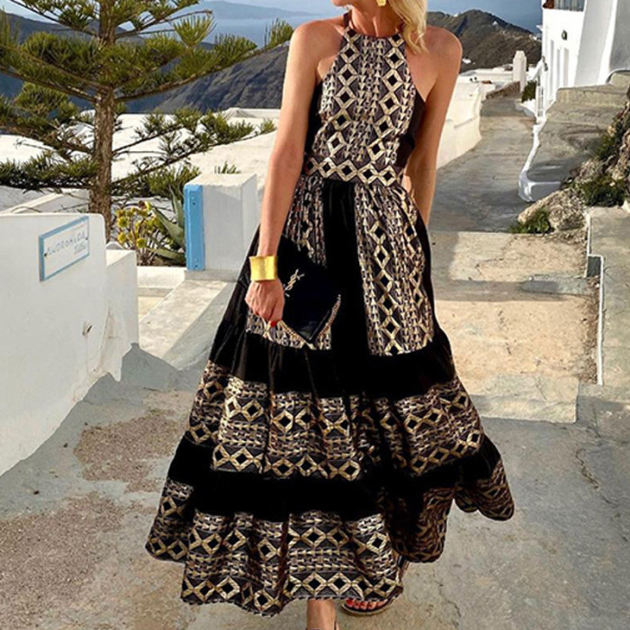 Bohemian Sexy Backless Sleeveless Tie High Waist A-Line Print Wedding Guest Dress