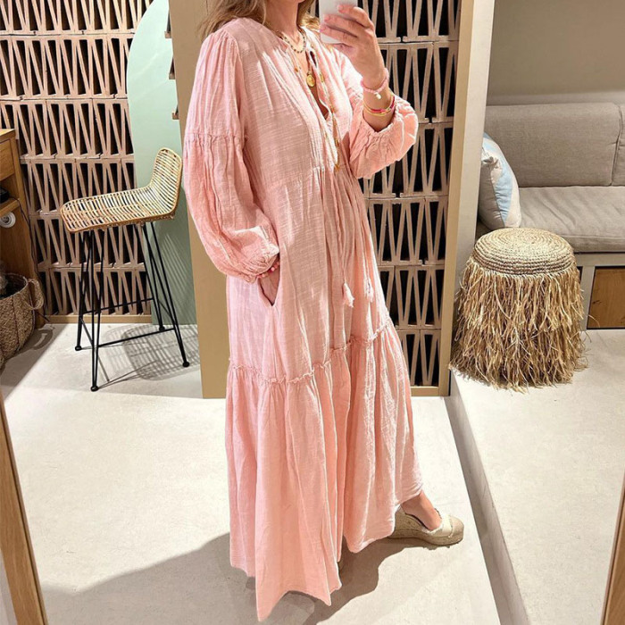 Casual Loose Harajuku Pleated Retro Fashion Solid  Maxi Dress