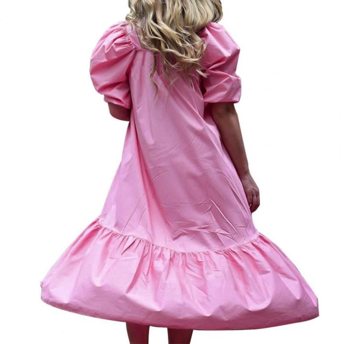 Women's Fashion Solid Color Puff Sleeve Square Neck Ruffle Party Maxi Dress