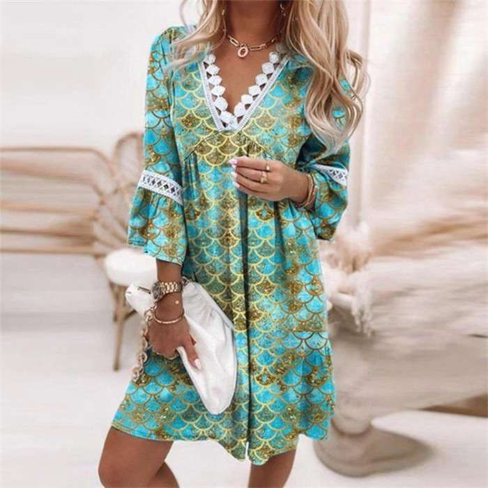 Women's Fashion Temperament Long Sleeve V Neck Mini Casual Dress