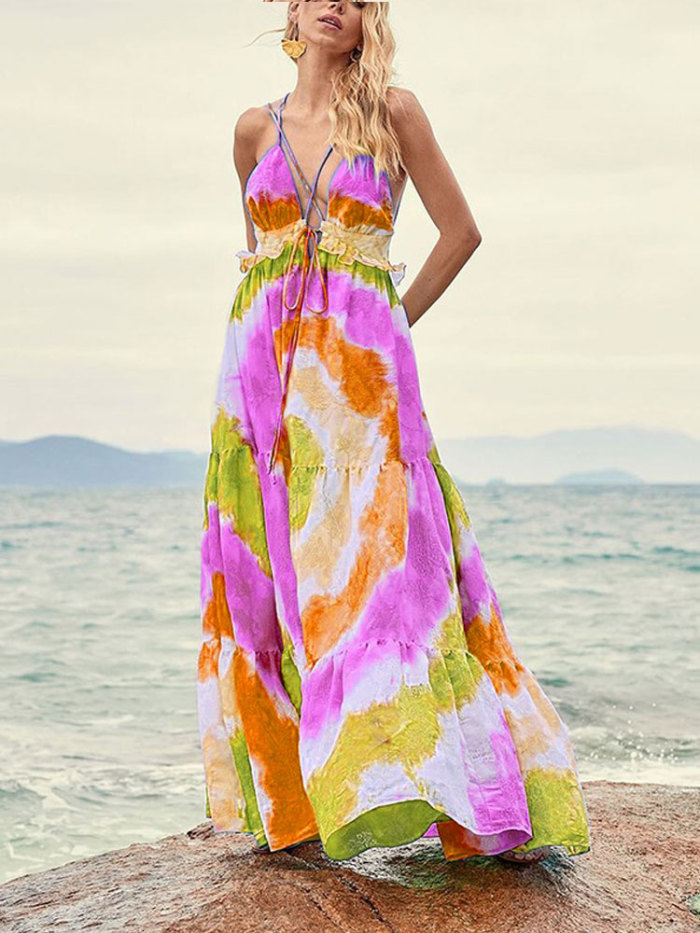 Sexy Fashion Summer Bohemian Tie Dye Gradient Backless  Maxi Dress