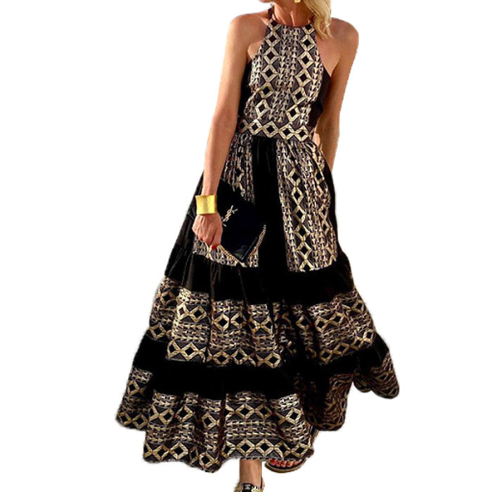 Bohemian Sexy Backless Sleeveless Tie High Waist A-Line Print Wedding Guest Dress