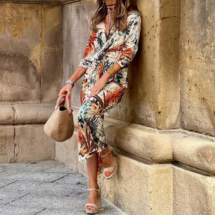 Fashion Printed Slim Party Elegant Deep V Neck Chic Maxi Dress
