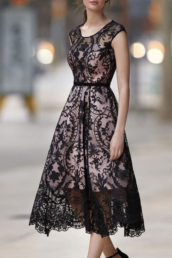 Summer Elegant Printed O-Neck Sleeveless Sexy Casual Party Lace  Wedding Guest Dress