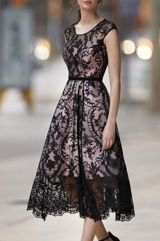 Summer Elegant Printed O-Neck Sleeveless Sexy Casual Party Lace  Wedding Guest Dress