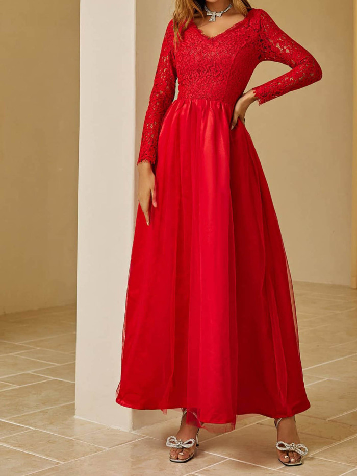 Women Fashion Stylish Elegant Mesh Lace Long Sleeve Wedding Evening Dress