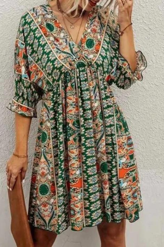 Women's Fashion Bohemian Print V Neck Backless Ties Sexy Casual Dress