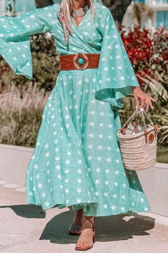 Chic V Neck Bell Sleeve Bohemian Casual Print Vintage Elegant Holiday Party  Maxi Dress