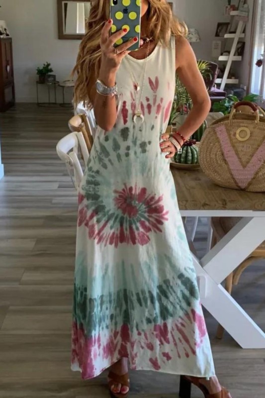 Women's Vintage Print Sexy Sleeveless O Neck Boho Casual Dress