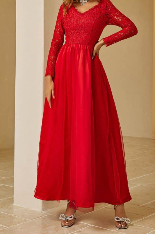 Women Fashion Stylish Elegant Mesh Lace Long Sleeve Wedding Evening Dress