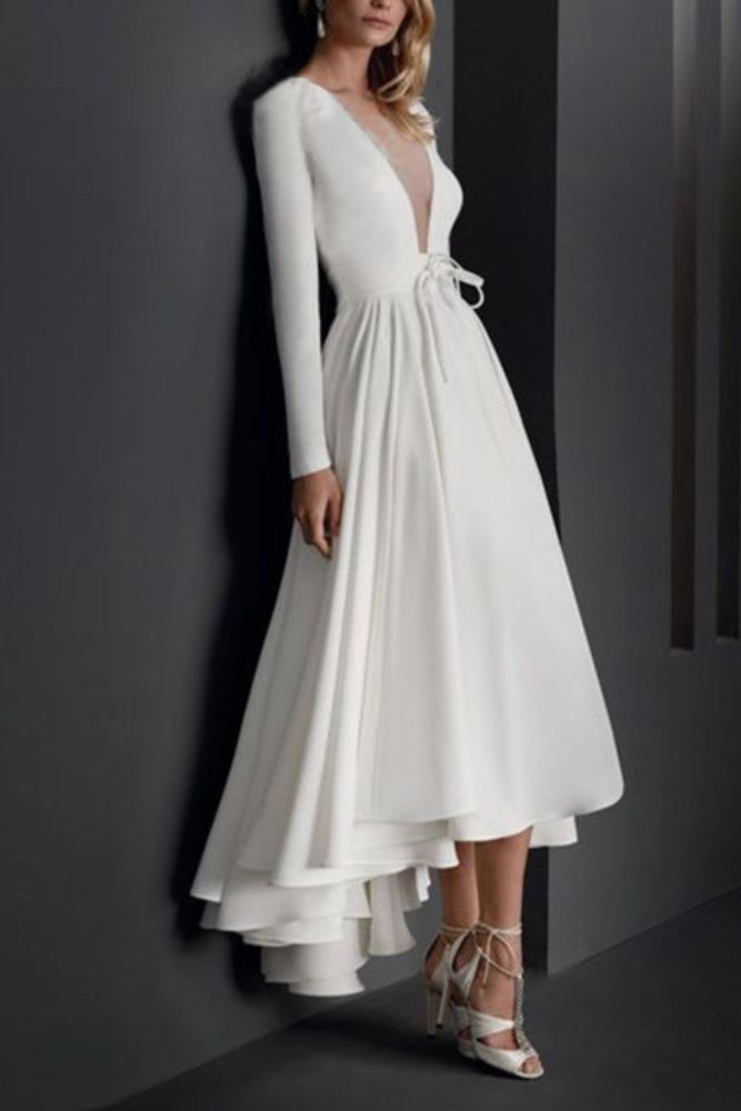 Fashion Slim Sexy Deep V Neck Asymmetric Long Sleeves Party Elegant A-Line  Wedding Guest Dress