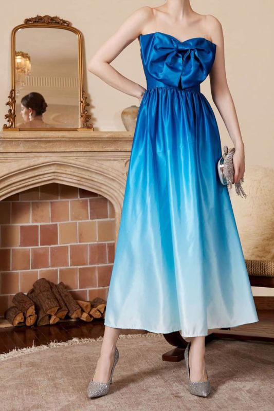Summer Sexy Elegant Gradient Bandeau Bowknot Party Wedding Guest Dress