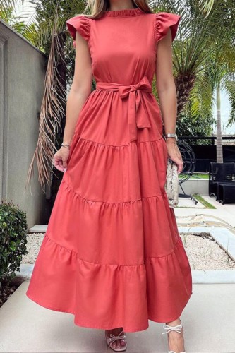 Women's Fashion Solid Color Round Neck Ruffle Strap Party  Maxi Dress