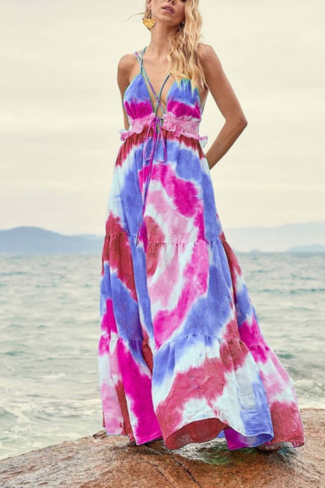 Sexy Fashion Summer Bohemian Tie Dye Gradient Backless  Maxi Dress