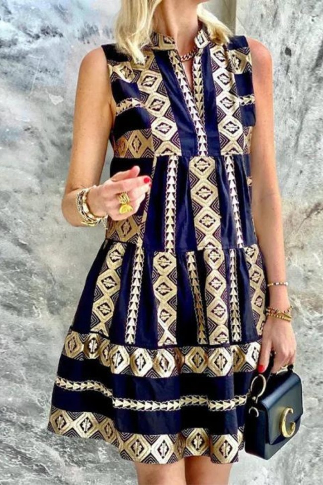 Fashion Ladies Printed Elegant Sleeveless Retro A-Line Casual Dress