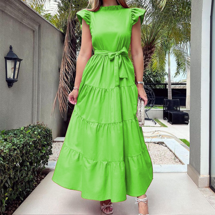 Women's Fashion Solid Color Round Neck Ruffle Strap Party  Maxi Dress