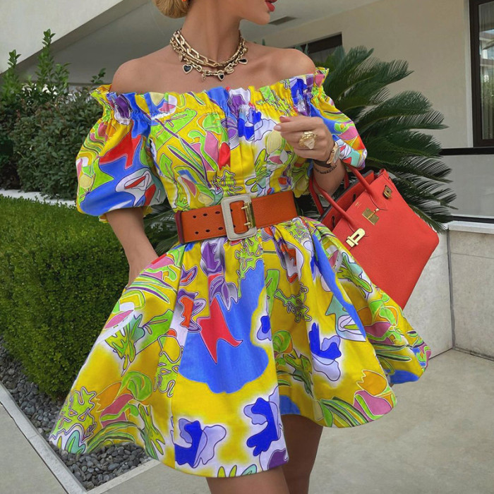 Women's Fashion Offset Neck Casual Printed Dress