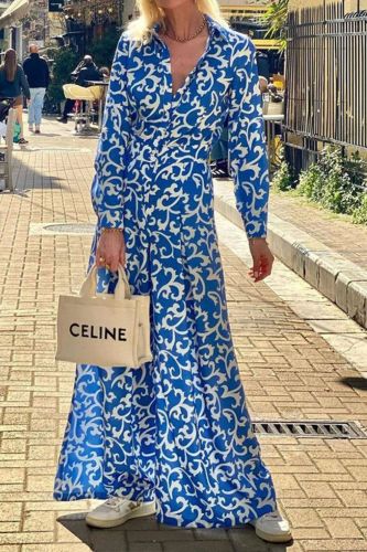 Fashion Femininity Print Lapel Casual Open Button  Maxi Dress